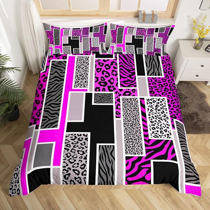 Erosebridal Leopard Print Bedding Set King Cheetah Zebra Stripes Fur Print Duvet Cover Violet Geometric Square Patchwork Comforter Cover for Kids Teen Adults,Rustic Wild Animals Skin Texture Bed Set