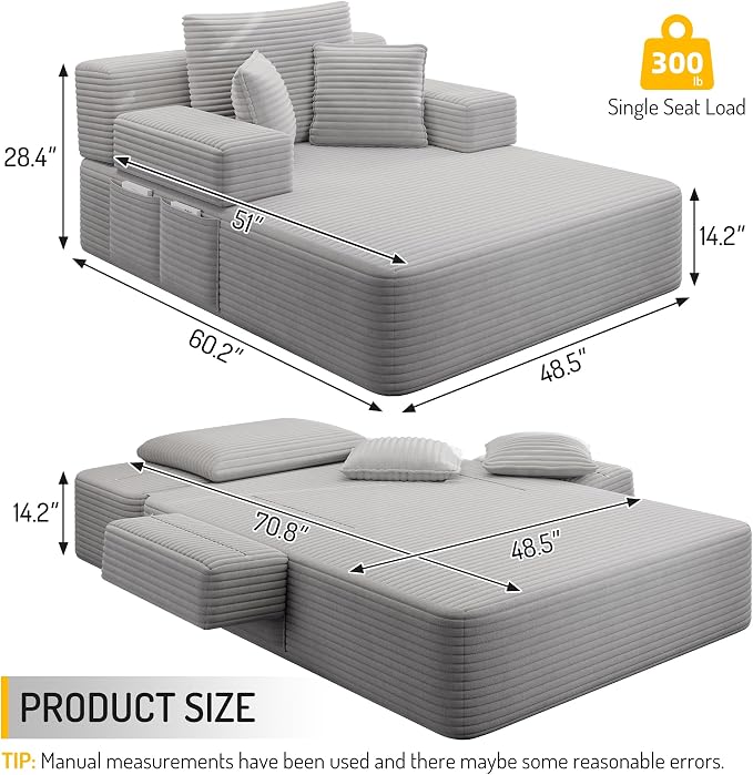 48.5" Oversized Chaise Lounge Chair Indoor, 3-in-1 Convertible Sleeper Sofa Bed, Plush Corduroy Boneless Chaise with 3 Pillows & Side Pockets, Adjustable Back/Armrest for Living Room - Light Grey