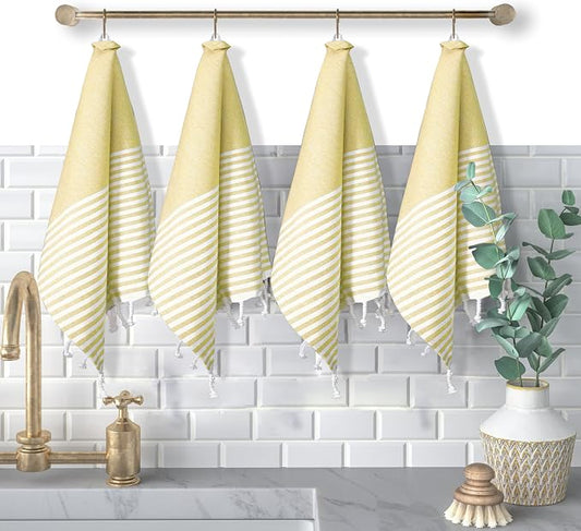 Turkish Kitchen Towels 18x26 Inches with Tassels - 4 Pack - Ultra Absorbent, Durable, Soft 100% Cotton Dish Towels for Drying & Cleaning - Machine Washable, Quick-Dry - Lemon Yellow