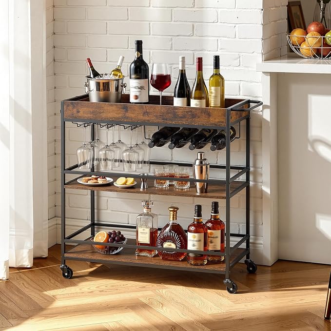VEVOR Bar Cart, 3 Tiers Home Kitchen Serving Carts, Industrial Rolling Utility Station on Wheel, Mobile Drink Beverage Shelf with Wine Rack & Glass Holder, 34.64x14.17x32.68 in, Rustic Brown and Black
