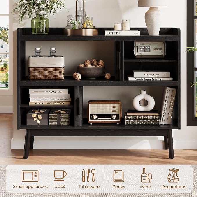 Mid-Century Modern Buffet Sideboard Cabinet with Outlet, 44" Sideboard Buffet Cabinet with Sliding Door & Adjustable Shelves, Fluted Accent Coffee Bar Console Table with Wooden Feet (Black)