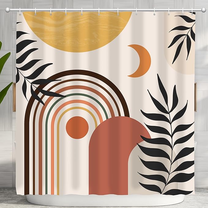 Mid Century Abstract Boho Aesthetic Shower Curtain Set, Green Nature Leaf Sun Modern Minimalist Home Bathroom Curtain Decor with 12 Hooks 72 Inch Wide * 84 Inch High