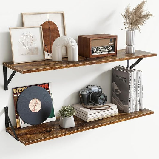 Deep Floating Shelves for Wall,36Wx8D Wall Mounted Shelves Set of 2,Wall Storage Floating Shelf with Sturdy Metal Brackets for Living Room,Bathroom,Kitchen,Office,Rustic Brown