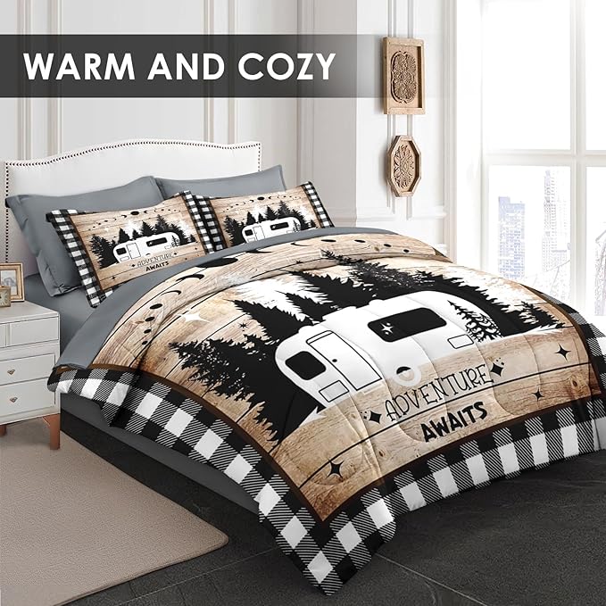 Pamnest Comforter Set Queen Size, Camper Rv Camping 7 Pcs Bedding for Kids and Adults, Car Bed Sheet Sets with Fitted Sheet 2 Pillowcases & 2 Shams for Bedroom Bed Decor