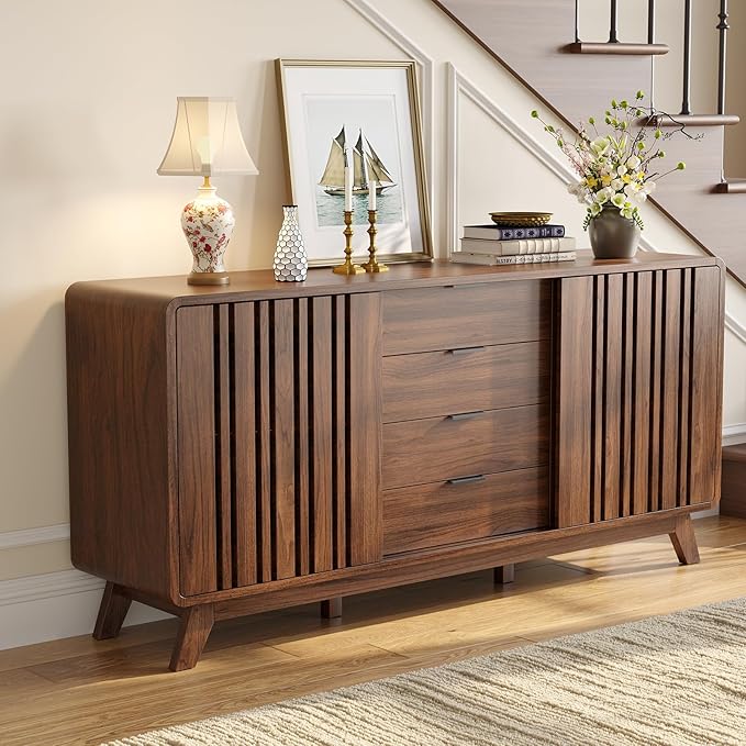 ONBRILL Sideboard Buffet Cabinet with Storage, Fluted Buffet Cabinet with Sliding Doors & 4 Drawers, Mid Century Modern Coffee Bar Wine Bar Credenza for Living Room, Kitchen (Walnut)