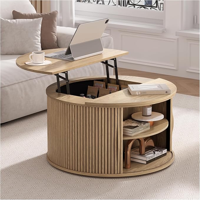 31.5" Round Lift Top Coffee Table,Natural Oak Modern Fluted Drum Center Table with Hidden Storage, Japandi Scandi Wood Circle Desk for Boho Living Room & Apartment