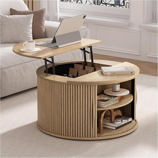 31.5" Round Lift Top Coffee Table,Natural Oak Modern Fluted Drum Center Table with Hidden Storage, Japandi Scandi Wood Circle Desk for Boho Living Room & Apartment