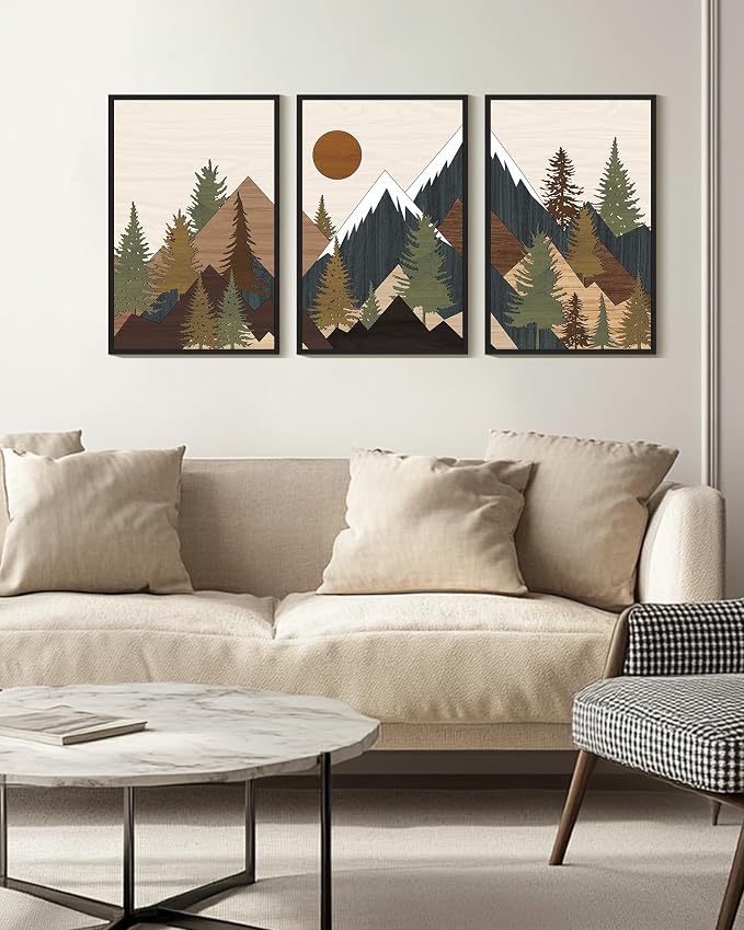 KUVIOKE Morden Mountains Framed Wall Art Boho Pine Tree Forest Nature Landscape Artwork Bohemain Farmhouse Rustic Bedroom Living Room Decor 16x24in (Black Framed)