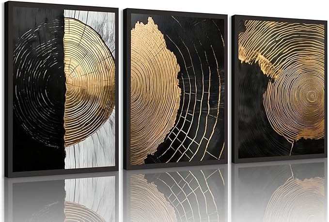3Pcs Minimalist Abstract Black Golden Wall Art Vintage Tree Ring Wall Decor Pictures Modern Rustic Canvas Posters Prints for Living Room Office Hallway Home Decoration 16x24in Unframed