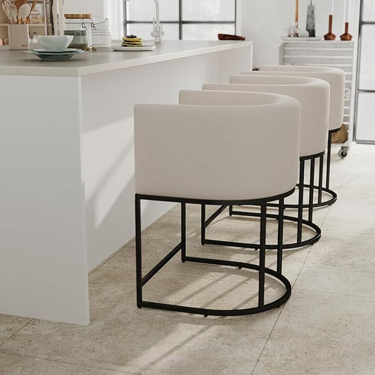 Contemporary Cream Linen Bar Stools Set of 3, 24" Upholstered Fabric Counter Height Barstools Kitchen Counter Island Stools with Screwed Together Black Metal Base