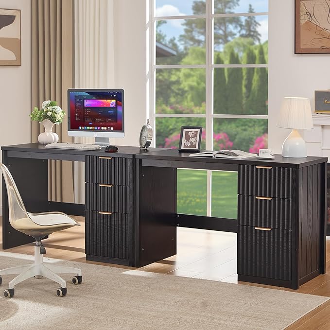 48" Modern Fluted Executive Desk with Storage Cabinet, Large Wood Home Office Desk with Golden Handles & File Drawer, Black Computer Writing Table for Office,Study, Living Room, Bedroom