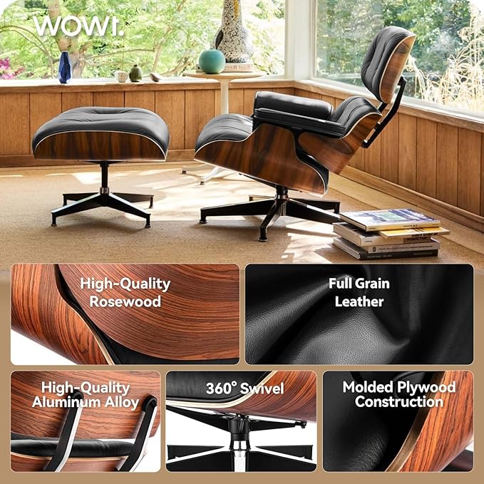 Top Black Grain Leather, Mid Century Chaise Lounge Chair and Ottoman, Modern Chair Classic Design, Palisander Wood, Heavy Duty Base Support for Living Room Office