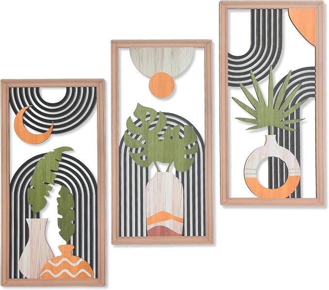 Boho Wall Art Set of 3, Modern Minimalist Leaf Wall Decor, Abstract Geometric Wooden Artwork for Living Room Bedroom Office, Mid Century Modern Decor (Contemporary Style - 11.8 x 5.9 inch)