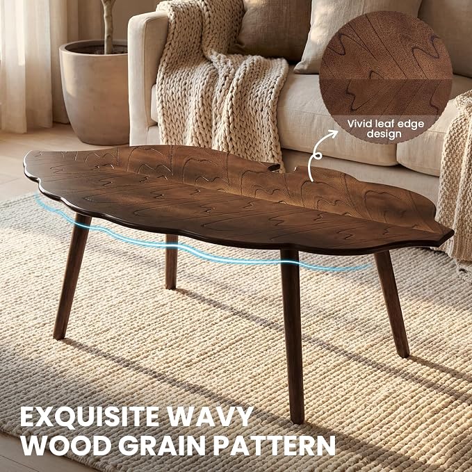DUOMAY Mid-Century Modern Small Coffee Table, Solid Leaf-Shaped Wood Coffee Table for Living Room, Easy Assembly Center Table End Table with Wood Leg, Side Table for Bedroom Small Space, Brown