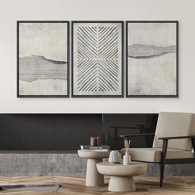SIGNWIN Framed Canvas Print Wall Art Set Grunge Geometric Line Landscape Abstract Shapes Cozy Neutral Modern Art Decorative Boho Relax/Zen Nordic for Living Room, Bedroom, Office - 16"x24"x3 Black