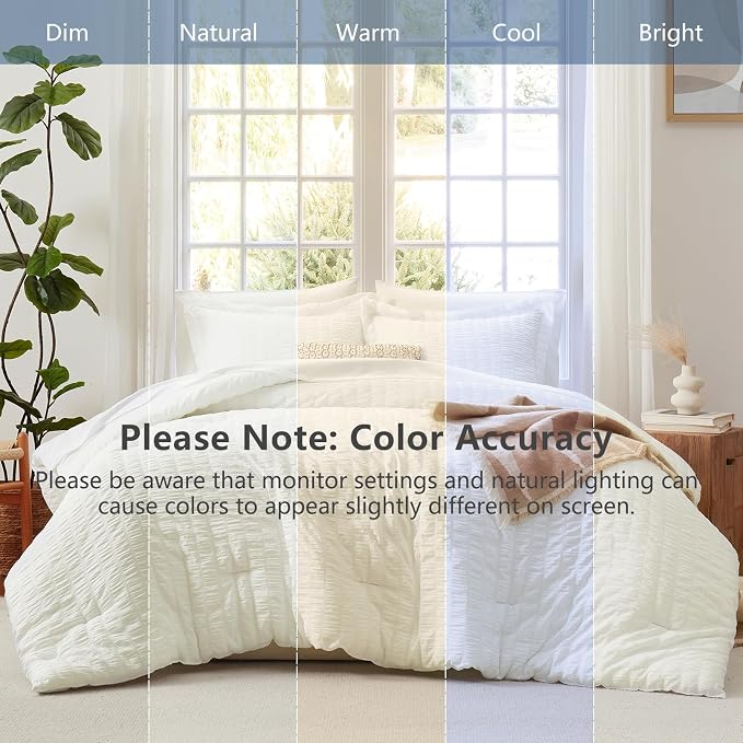 CozyLux King Size Comforter Set Ivory, 7 Pieces Seersucker Textured Luxury Bed in a Bag, All Seasons Soft Bedding Sets with Down Alternative Comforter, Sheets, Pillowcases & Shams, Home Gift