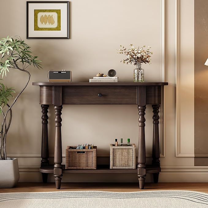 SOFTSEA Retro Curved Console Table with Drawer and Bottom Shelf, 36 inch Half Moon Entryway Table for Living Room Hallway, Espresso