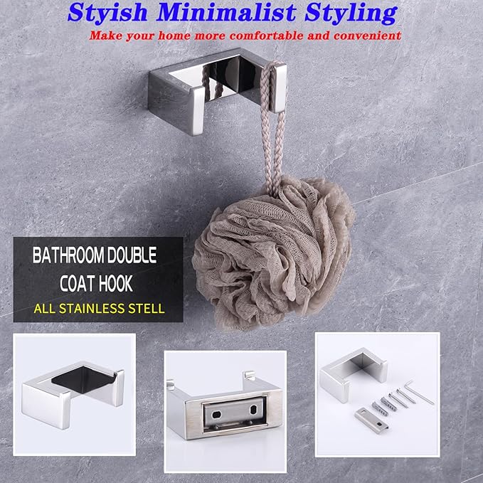 GERZWY 4-Piece Bathroom Accessory Set SUS 304 Stainless Steel Towel Bar Toilet Paper Holder Towel Ring Towel Hooks Wall Mount, Polished Finish HG1708-4JG