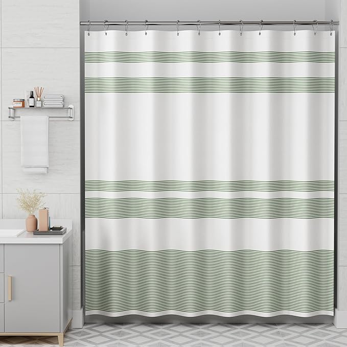 AmazerBath Shower Curtain, Washable Cloth Sage Green with 12 Shower Curtain Hooks, Fabric Green and White Striped Set, Farmhouse Bathroom Shower Curtain, 72x72 Inches