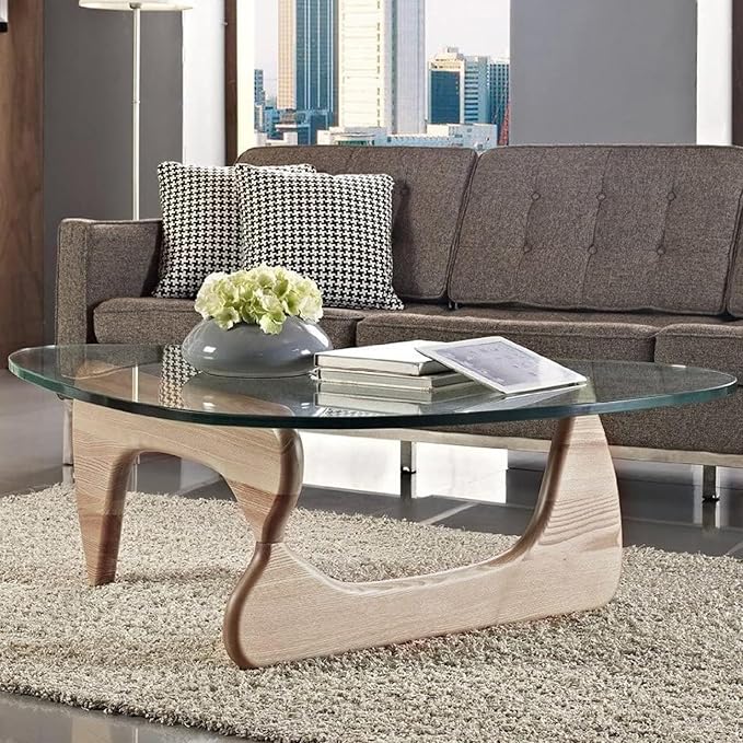 Triangle Glass Coffee Table, Mid-Century Modern Coffee Table, Solid Wood Base and Triangle Clear Glass Top Modern Table for Living Room, Office, Patio
