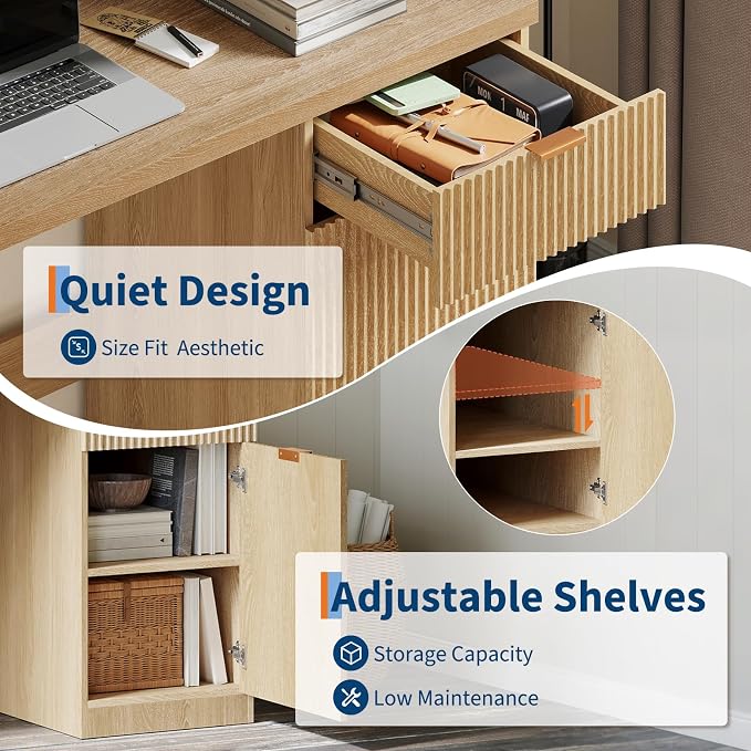 Garvee 60" Fluted Executive Desk with Drawer, Wood Fluted Computer Desks with Storage Cabinet, Home Office Desk Workstation, Farmhouse Desks for Living Room, Bedroom, Natural Oak