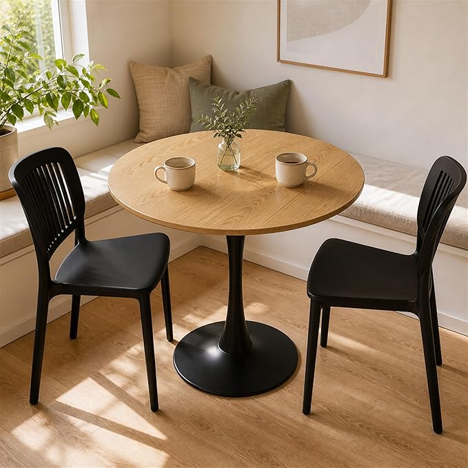 Modern 31.5" Round Tulip Dining Table Natural Wood Look Mid Century Pedestal Table for 2–4 Small Kitchen Table Apartment Breakfast Nook Compact Dining Room(No Chairs)