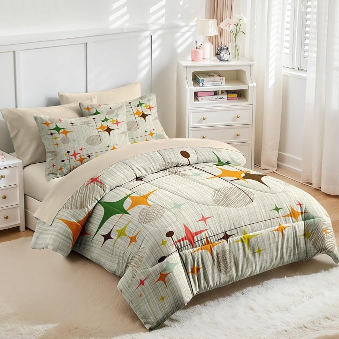 Nesker Comforter Set Full Size, Retro Stars Brown 7 Pcs Bedding for Kids and Adults, Mid Century Vintage Bed Sheet Sets with Fitted Sheet 2 Pillowcases & 2 Shams