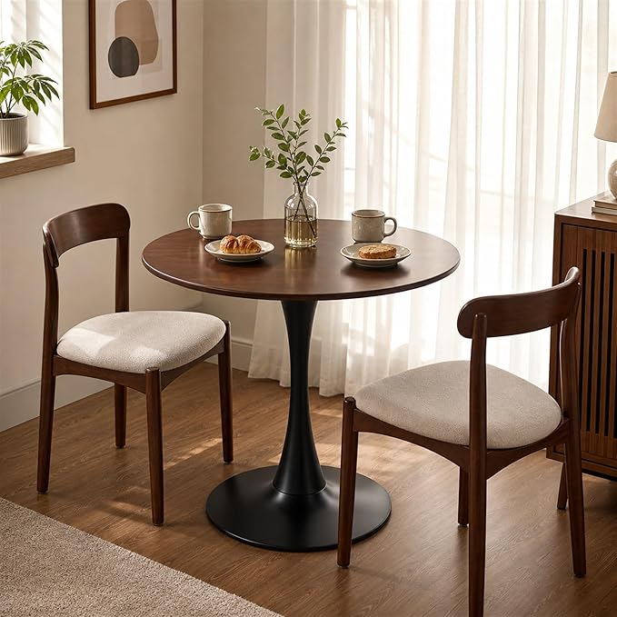 Modern 31.5" Round Tulip Dining Table Walnut Mid Century Pedestal Table for 2–4 Small Kitchen Table Apartment Breakfast Nook Compact Dining Room(No Chairs)