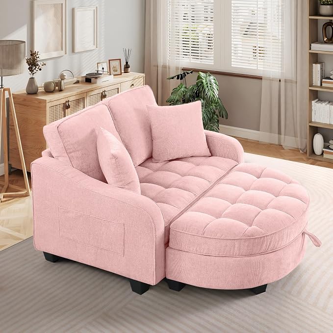 Oversized Chaise Lounge Chair Indoor with Ottoman, Chenille Tufted Comfy Loveseat Sofa Chair with Adjustable Backrest, Fluffy Recliner Sofa, Convertible Sleeper Couch Bed for Living Room(51"W, Pink)