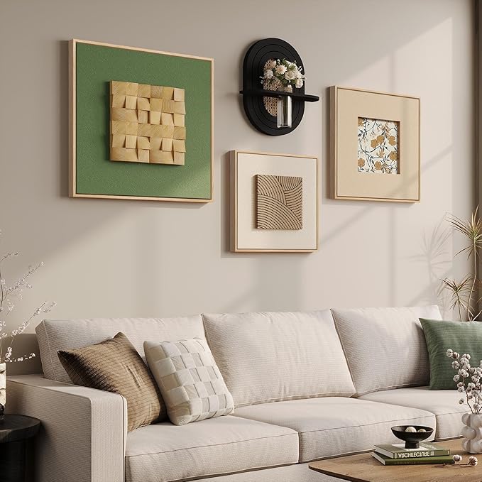 Large Framed 3D Wall Art for Living Room, 4 Piece Textured Wood Abstract Paintings Artwork for Walls, Minimalist Green Beige Geometric Pictures Wall Art Decor Set for Dining Room, Hallway, Office
