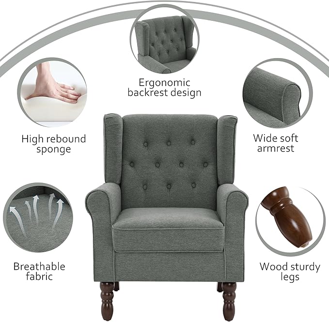 Accent Chair, High Back Upholstered Chair with Button Tufted, Mid-Century Modern Comfy Wingback Chair Reading Armchair in Fabric for Living Room for Bedroom, Office-Gray