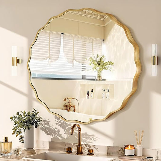 Gold Round Mirror for Wall, 24"x24" Decorative Wavy Bathroom Mirror with Brushed Alloy Steel Frame & Shatter-Proof Glass, Hanging Circle Wall Mirrors for Bathroom, Entryway, Bedroom