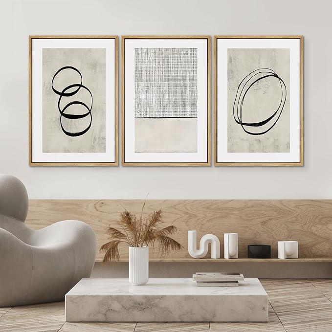 SIGNWIN Framed Canvas Print Wall Art Set Geometric Ring Grid Landscape Graffiti & Street Art Abstract Cozy Neutral Modern Art Decorative Nordic for Living Room, Bedroom, Office - 24"x36"x3 Natural