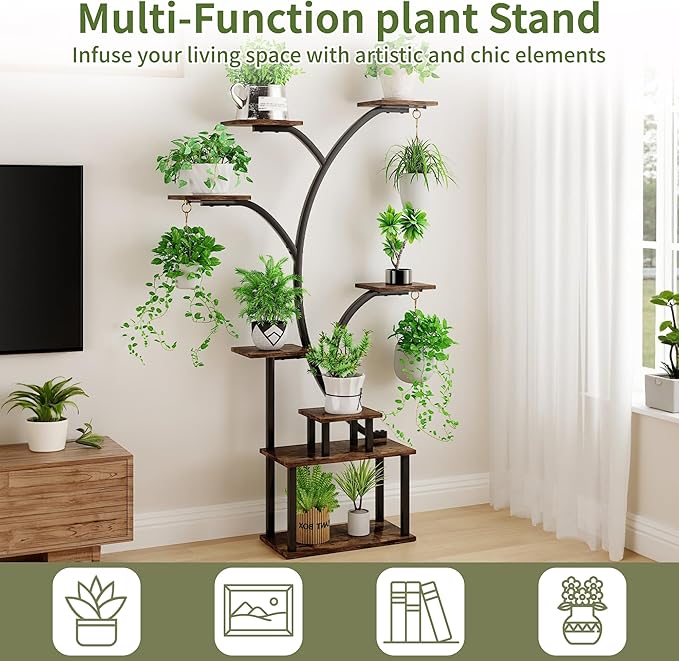 VECELO Plant Stand with Grow Light, 8-Tier Plant Shelf for Multiple Pots , 62" Corner Plant Stand Indoor for Living Room Patio Home Decor