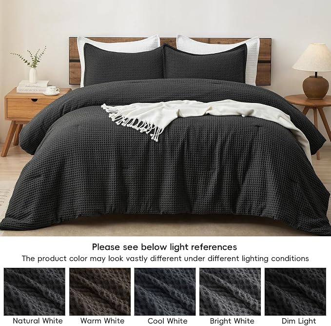 PHF Ultra Soft Waffle Weave Comforter Set Queen Size, 3 Pieces Lightweight Breathable Comfy Bedding Set, Comfy Textured 1 Comforter with 2 Pillow Shams, Black