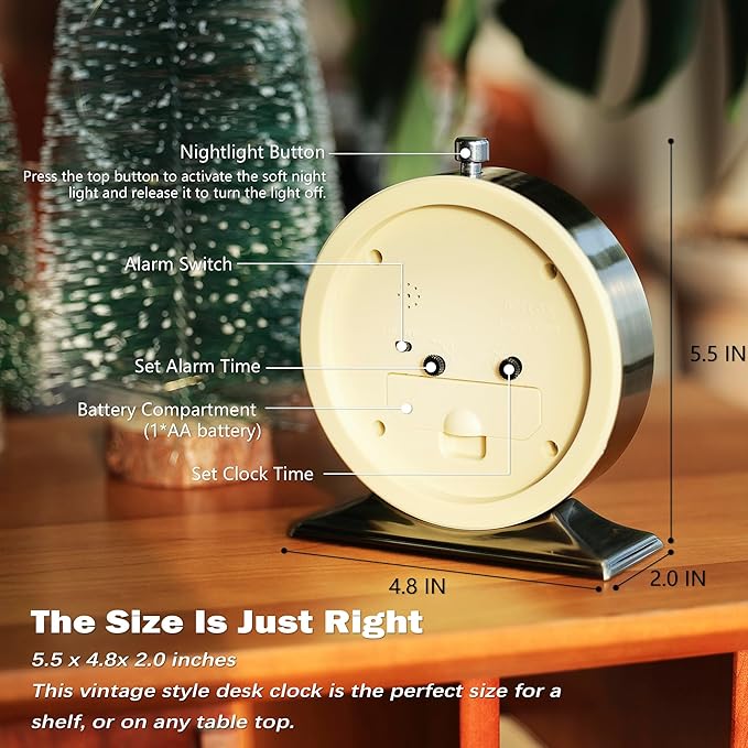AYRELY® 4-inch Battery Operated Alarm Clock Silent Analog Desk Clocks with Light Vintage Metal Table Clock for Living Room Shelf Bedside Home Decor (Gold)