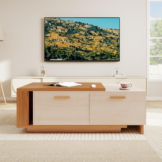 42"- 65" Extendable Coffee Table with Storage, Reversible Wood Coffee Table with 2 Drawers, Two-Tone Large Adjustable Center Table for Living Room, Office (Walnut B)