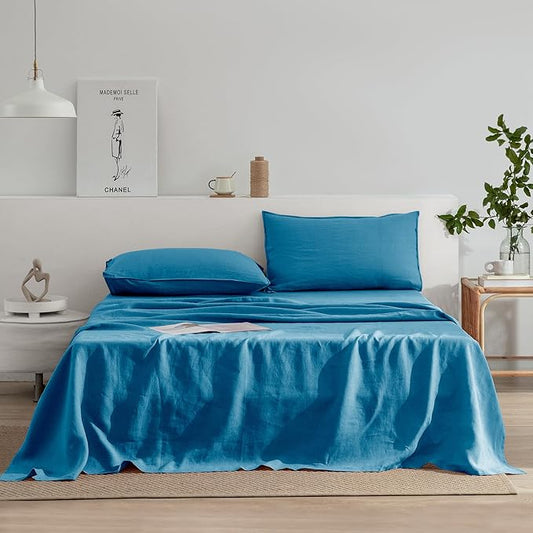 EVERLY Linen Sheets Set Full Size,100% French Stonewash Pure Linen Bed Sheets Set,4Pieces (1Flat Sheet,1Fitted Sheet,2Pillowcase) Suitable for Hot Sleepers,Deep Pocket Natural Bedding Set-Blue