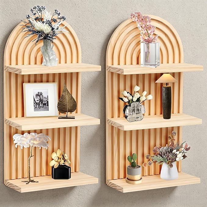 Boho Wall Decor Floating Shelves for Bedroom and Living Room, Mid Century Modern Wooden Wall Shelf Set for Plants and Display, Vintage Arched Decorative Shelves 2 pcs