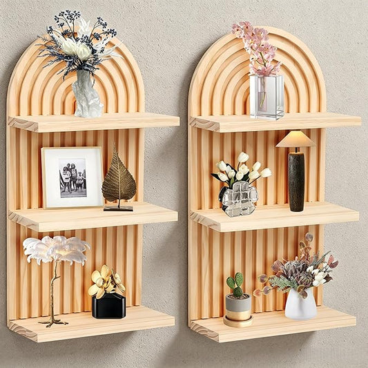 Boho Wall Decor Floating Shelves for Bedroom and Living Room, Mid Century Modern Wooden Wall Shelf Set for Plants and Display, Vintage Arched Decorative Shelves 2 pcs