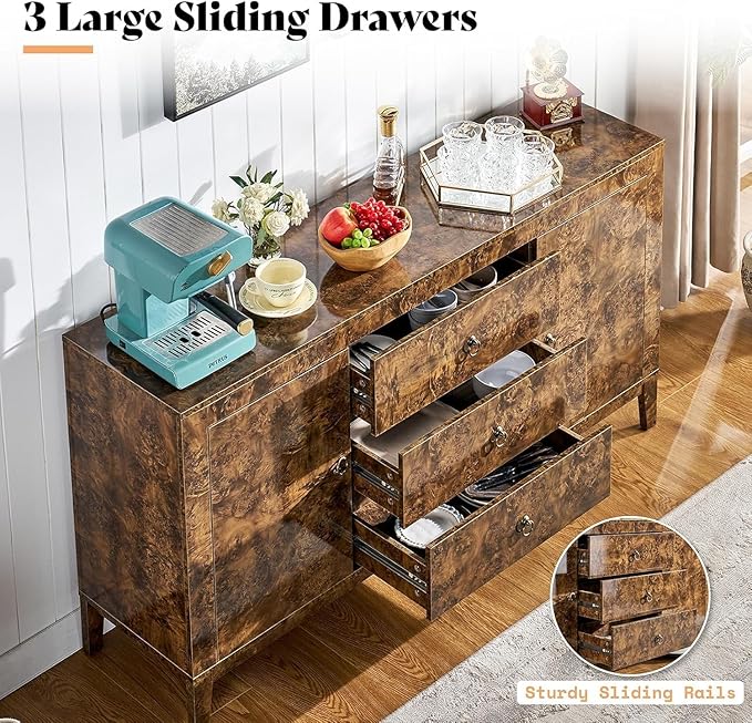 AMERLIFE 60" Large High Gloss Burl Buffet Sideboard Cabinet, Wood Sideboard Storage Cabinet with Drawers, Retro Handles, Heavy Duty Coffee Wine Bar Buffet Table for Dining Room, Living Room, Brown