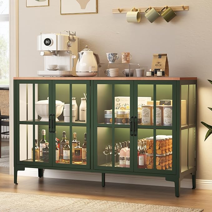 53" 3-Sided Glass Sideboard Buffet Cabinet with COB Lights, Adjustable Shelves, Modern Metal-Wood Buffet Table with Storage, Glass Display Cabinet for Coffee Bar Dining Room Kitchen, Green