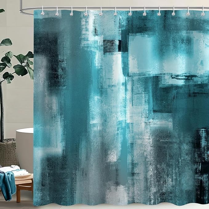 Teal Abstract Oil Shower Curtain, Modern Art Blue Grey Painting Fabric Bathroom Decor Set, Waterproof Polyester Fabric Bath Curtain with Hooks 72x78 Inch