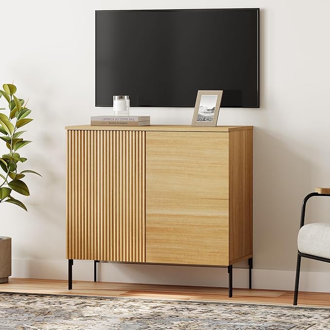 WAMPAT 31.5" Sideboard Buffet Cabinet with 2 Doors and Adjustable Shelves, Fluted Storage Cabinet, Modern Credenza Coffee Bar Wine Bar Table for Kitchen, Dining Room, Living Room,Oak