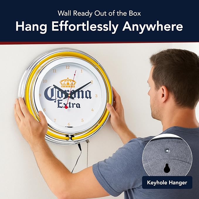 American Art Decor Retro Neon Wall Clock - Round Battery Operated Vintage Analog Clock W/Pull Chain - for Bar, Man Cave, Garage, Arcade, Game Room & More (Corona, 14.5” x 14.5” x 3.25”)