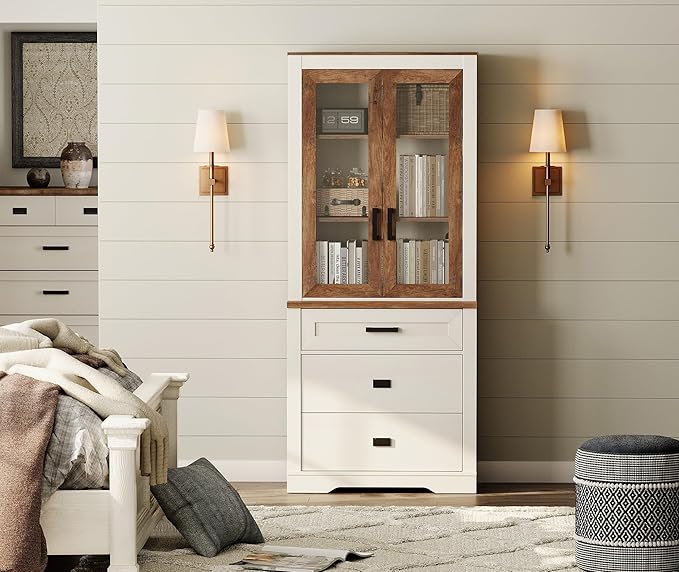 WAMPAT 73.3" Tall Bookcase with Glass Door, 31.5" Wide Rustic Wood Bookshelves with Chest of Drawers, Modern Farmhouse Display Storage Cabinet with Adjustable Shelves for Home,Office,White&Oak