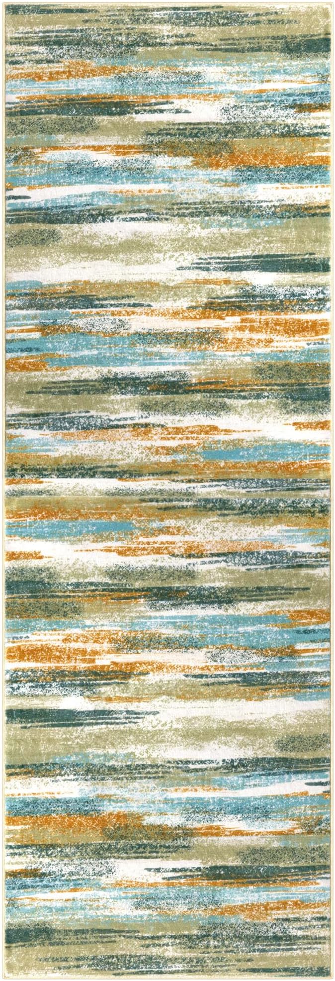 Lansny Modern Abstract Runner Rug 2.6x10, Green Mustard Multi Washable Long Kitchen Runner Non-Slip Soft Hallway Rug Runner Thin Print Faux Wool Carpet for Entryway Bedroom Laundry Room Indoor
