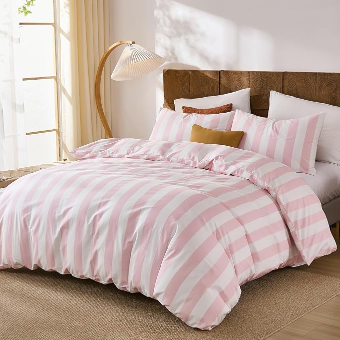 Merryword Pink and White Striped Duvet Cover Set King Size, 100% Cotton Bedding Set with Zipper Closure & 8 Corner Ties, Luxury Linen Like Bedding, Soft Breathable Comforter Cover for All Seasons