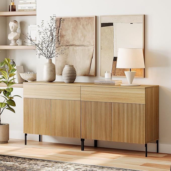 WAMPAT 63" W Large Sideboard Buffet Cabinet with Storage, 2 in 1 Fluted Sideboard Buffet with 4 Doors, Wooden Buffet Table, Coffee Bar Wine Bar Cabinet for Kitchen, Dining Room, Living Room, Oak