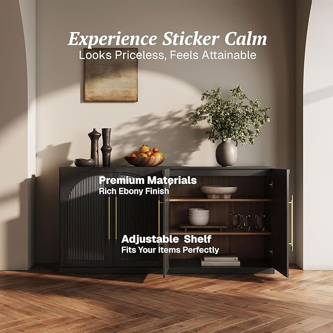 BELLEZE Set of 2 65" Sideboard Cabinet with Double-Arc Wood Doors, Large Buffet Cabinet with Storage and Adjustable Shelves, Classic Modern Console Table for Dining Room Living Room Entryway (Ebony)